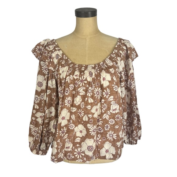 Free People Miss Daisy print balloon sleeve boho top SZ S - Picture 2 of 9